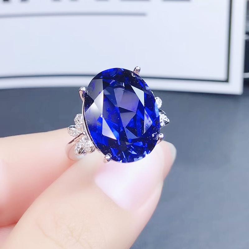 

Cluster Rings Blue Sapphire Ring Per Jewelry 925 Sterling Silver 12*16mm 11ct Gemstone Fine Women J2120810, Golden;silver