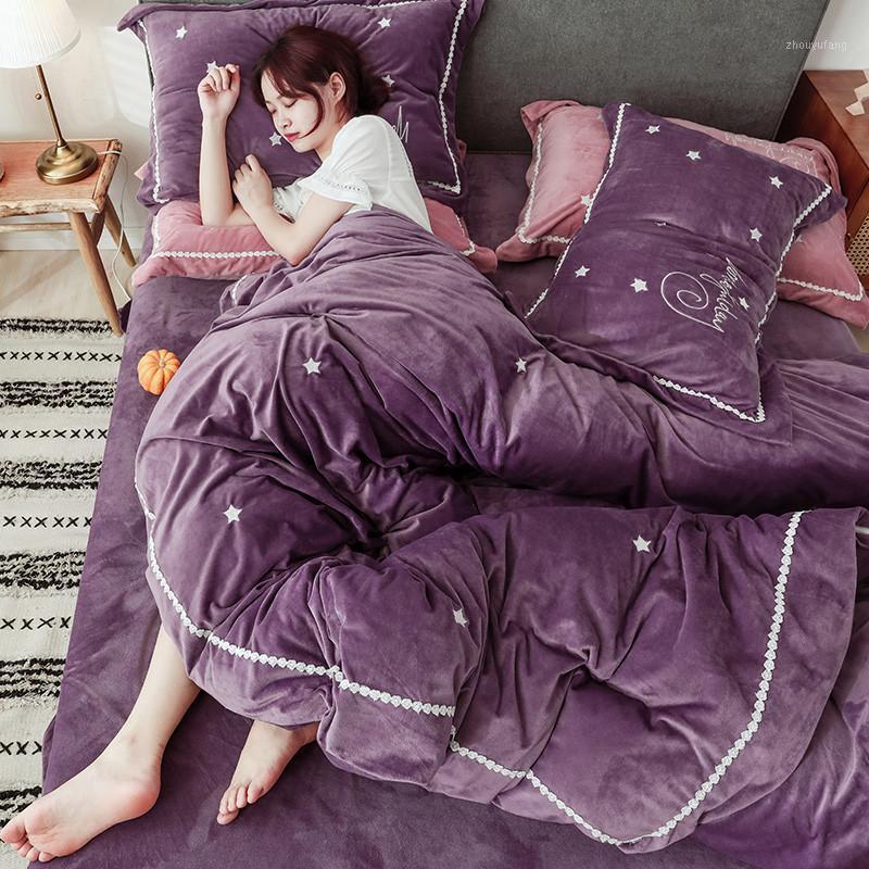 

Bedding Sets Modern Style Thicken Baby Velvet 4pcs Embroidery Duvet Cover Pillowcases Bed Sheet  King Solid Light Purple Royal Blue Dar