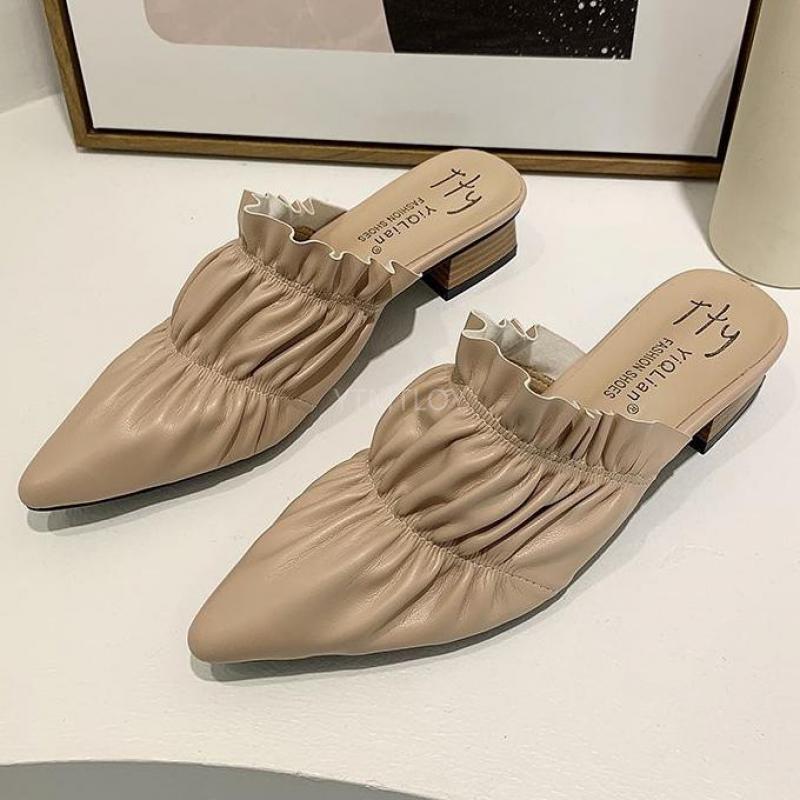 

2021 Leather Pu Mules Women Pointed Toe Slippers Slides Slip On Shoes Sandals Beige Khaki Zapatos De Mujer