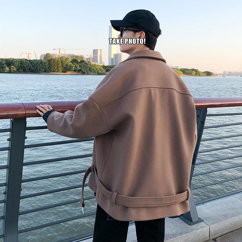 

Men's coat 2020 Autumn winter new slim solid color belt button coat casual fashion personality youth men's wear, Black