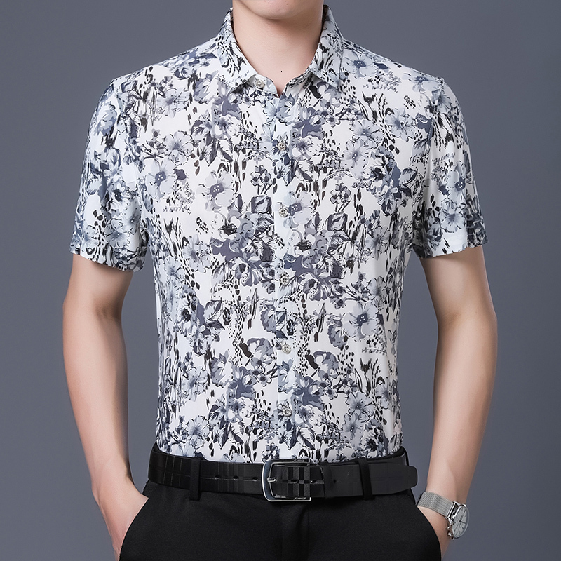 

2021 New Style 80% White Male Silk Shirts Short Sleeve Both Sides Print Chinese Nation Flower Beach Summer Clothes ZHUV, 211 white