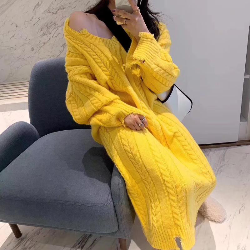 

2021 Autumn Winter V-Neck Long Sleeve Sweaters Knitted Dresses Womens Loose Maxi Oversize Knitting Robe Vestidos, Yellow