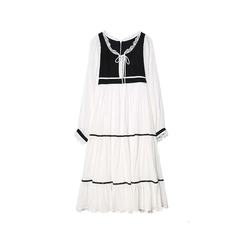 

2021 New Simple black white sewing, high-waisted French retro-neck square-neck fairy lace temperament spring and autumn L1C3, Picture color
