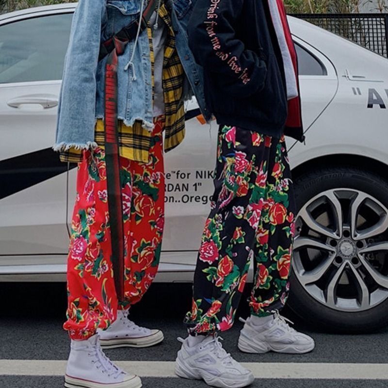 

2021 High quality Harajuku Bf Wind Peony Street Hip-hop Lantern Bunches Haren Pants Man Woman Tide 228E, Black