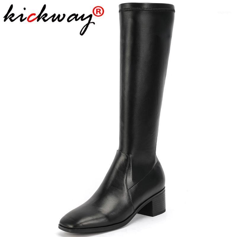 

Kickway womens stretch boots black knee high boots women square toe long booties womens shoes botas large sizes 34-401