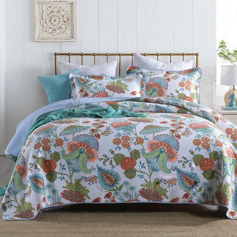 

Quality Bedspreads Quilt Set 3PCS Print Washed Cotton Bed Cover With 2 Pillowcase Queen Size Coverlet Summer Blanket1, As picture