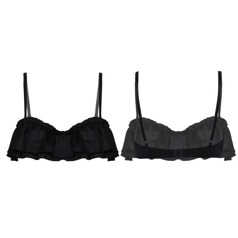

Womens Ladies Smooth Exotic Apparel Sissy Bras Silky Satin Lingerie Adjustable Spaghetti Straps Double Layers Ruffled Bra Top, Black