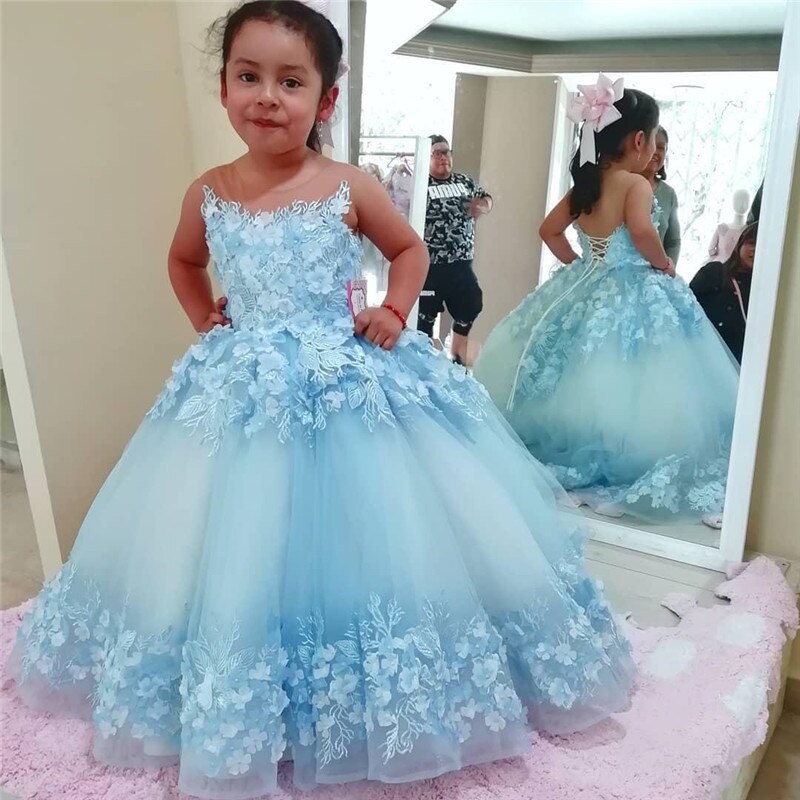 

Light Sky Blue Ball Gown Beaded Flower Girl Dresses For Wedding 3D Appliqued Pageant Gowns Sheer Jewel Neckline Tulle First Communion Dress, Burgundy