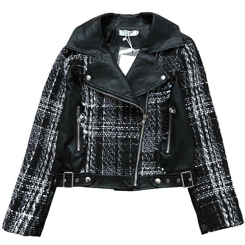 

Lamtrip Fashion women's jacket 2021 autumn new tweed PU leather stitching plaid jacket motorcycle short coat women, Beige