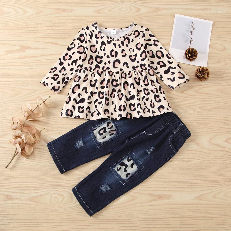 

Baby & children's 2-6YKids Clothes Outfit Beige Leopard Printed Pattern Long Sleeve Round Collar Top + Long Jeans, 1-6 Years1, As pic