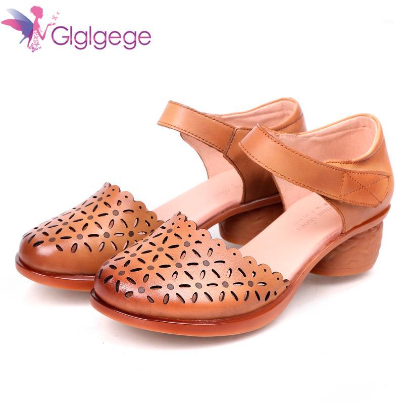 

Glglgege 2020 New Hollow Out Chunky Heel Leather sandals Buckle Strap 4CM Square High Heels Breathable Comfortable women shoes1, Ga00632-black