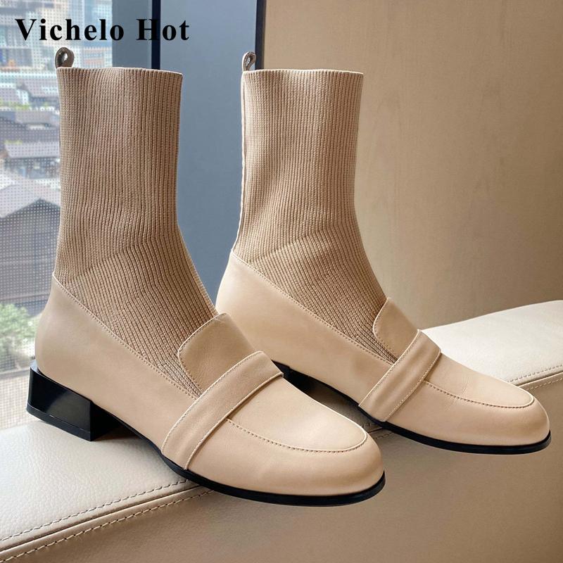 

Vichelo Hot gladiator natural leather knitting carrer round toe thick med heel slip on fairy dating gorgeous mid-calf boots L32, Black