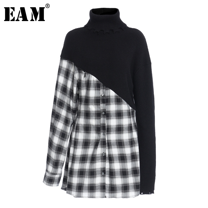 EAM Women Black Plaid Irregular Knitting Dress Turtleneck Long Sleeve Loose Fit Fashion Spring Autumn 1Z175 201127Z