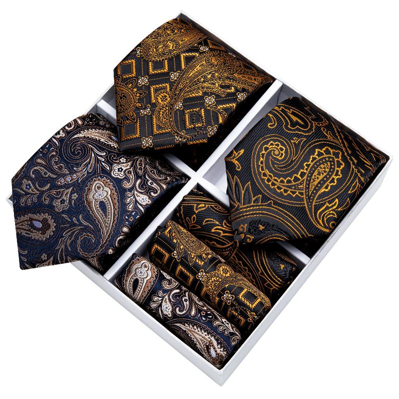 

Bow Ties Paisley Men Tie Set 8cm 3 Pack Gold Black Blue Necktie Gift Box For Business Wedding Silk Handkerchief DiBanGu