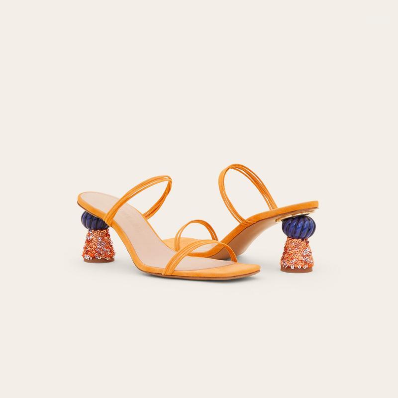 

New Fashion Women Sandals Shining Ball Heel Slip On Sandals 7CM Pink Two Strap Summer Shoes Gladiator Zapatos Mujer1, Pic style