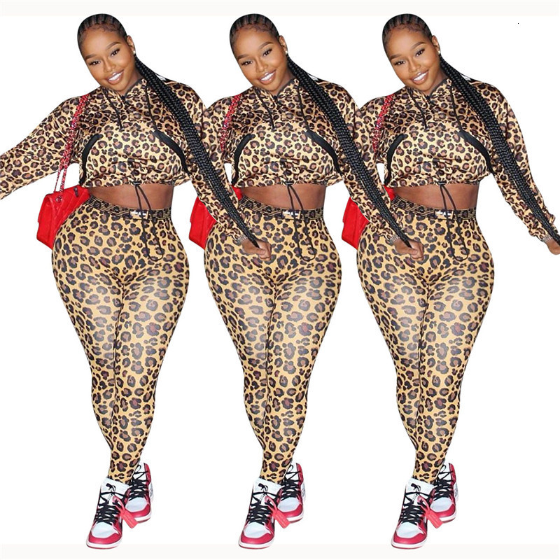

Plus Size Women Clothing Fashion Leopard Long Sleeve Crop Top Skinny 2 Piece Sets Women Designer Clothes 2020 Women Tracksuits