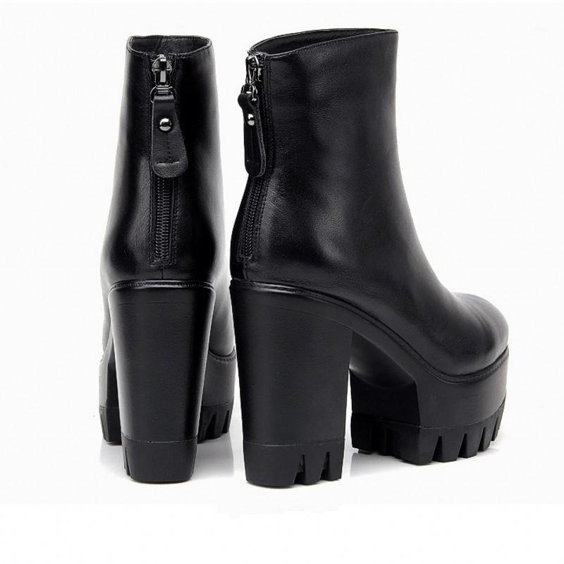 

Genuine Leather Autumn Leather High Heel Womens Ankle Boots Roung Toe Back Zip Thick Bottom Fleece liner Female Platform Boots1, Black