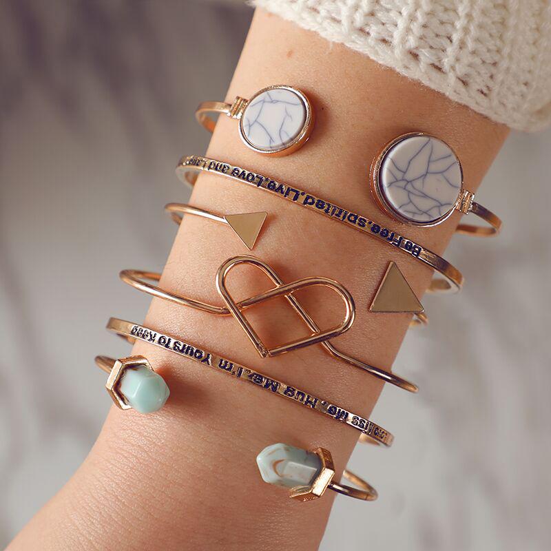 

6PCS/Set Bohemia Opal Stone Heart Triangle Resin Letter Opening Bracelets Charm Gold Alloy Bangle Jewelry for Women