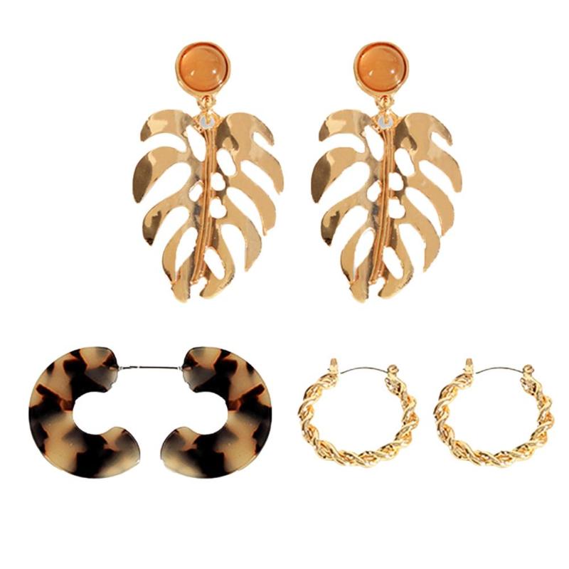 

3 Pairs Women Fashion Circle Metal Leaf C Shape Dangle Ear Stud Earrings Gift