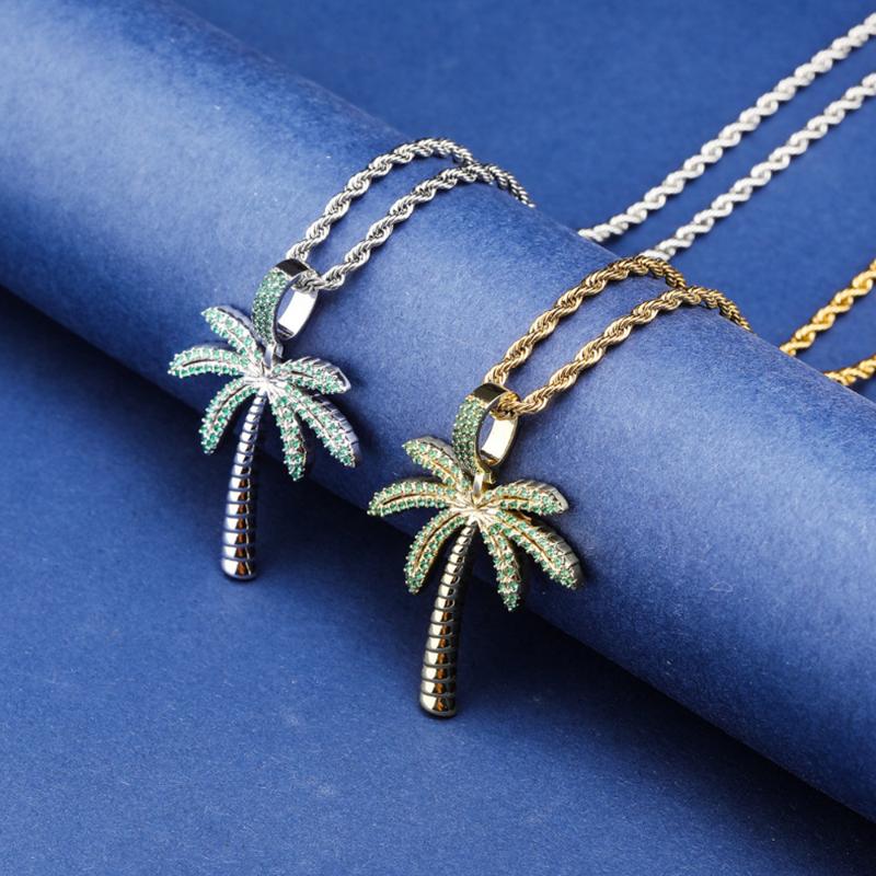 

Green Coconut Tree Beach Vacation Necklaces & Pendants Gold Silver Color Bling + Cubic Zircon Men's Hip Hop Rapper Jewelry