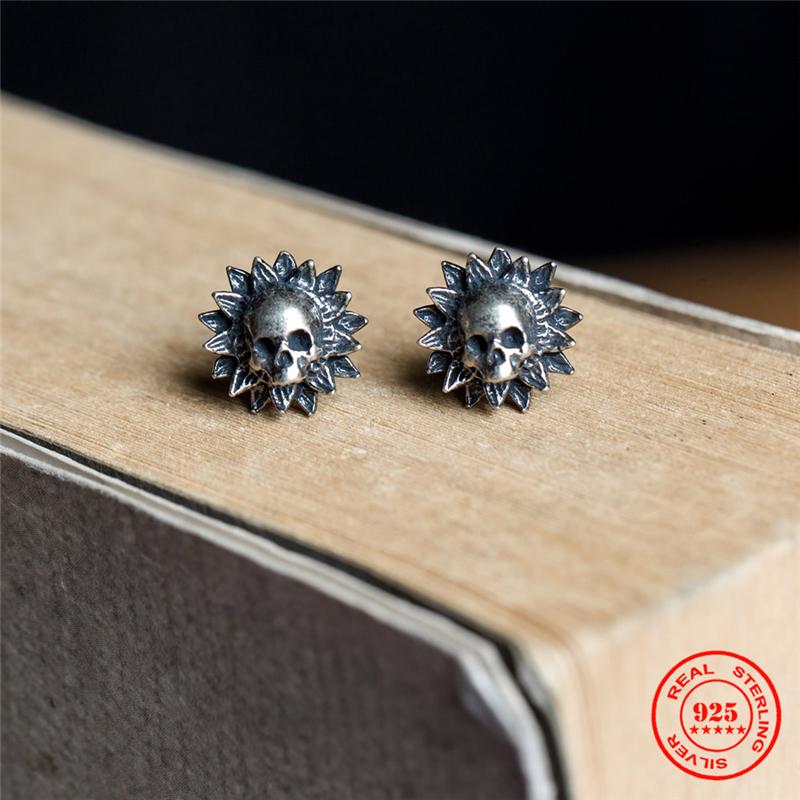 

MKENDN Gothic Punk Style 925 Sterling Silver Creative Retro Sunflower Skull Stud Earring Trendy Street Men Women Fine Jewelry