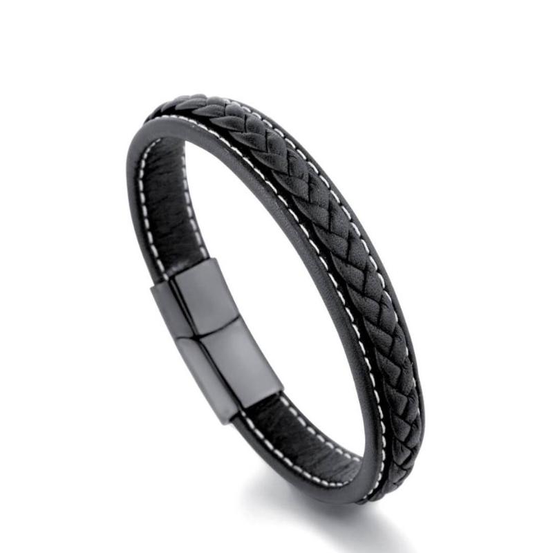 

Fashion Black Leather Bracelets Men Wrist Band Stainless Steel Magnetic Buckle Charm Bracelets Bangles Male Jewelry Gifts