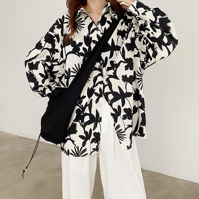 

2021 New Casual black printing shirt long sleeve women's blouses sun protection tops and blouse (f4048) IJTL