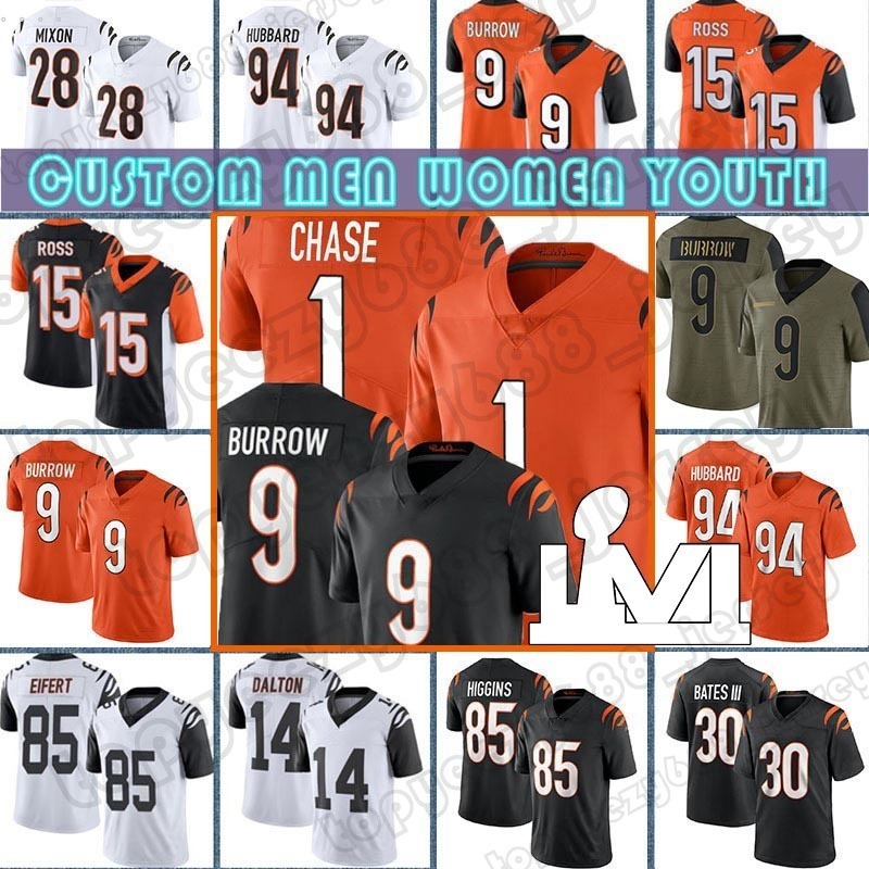 

2 Evan McPherson 9 Joe Burrow Custom Football Ja'Marr Chase CincinnatiBengalsJersey Jessie Bates III Tee Higgins Joe Mixon Sam Hubbard A.J. Green Vonn Bell, Custom women+patch(m h)