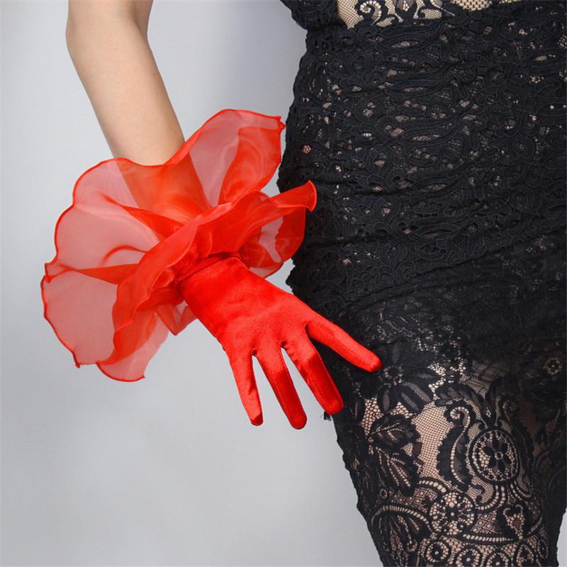 

Silk Lace Gloves Elastic Mercerized Silk Satin Red Ultra Short Large double-Layer Mesh Ruffle Women Gloves