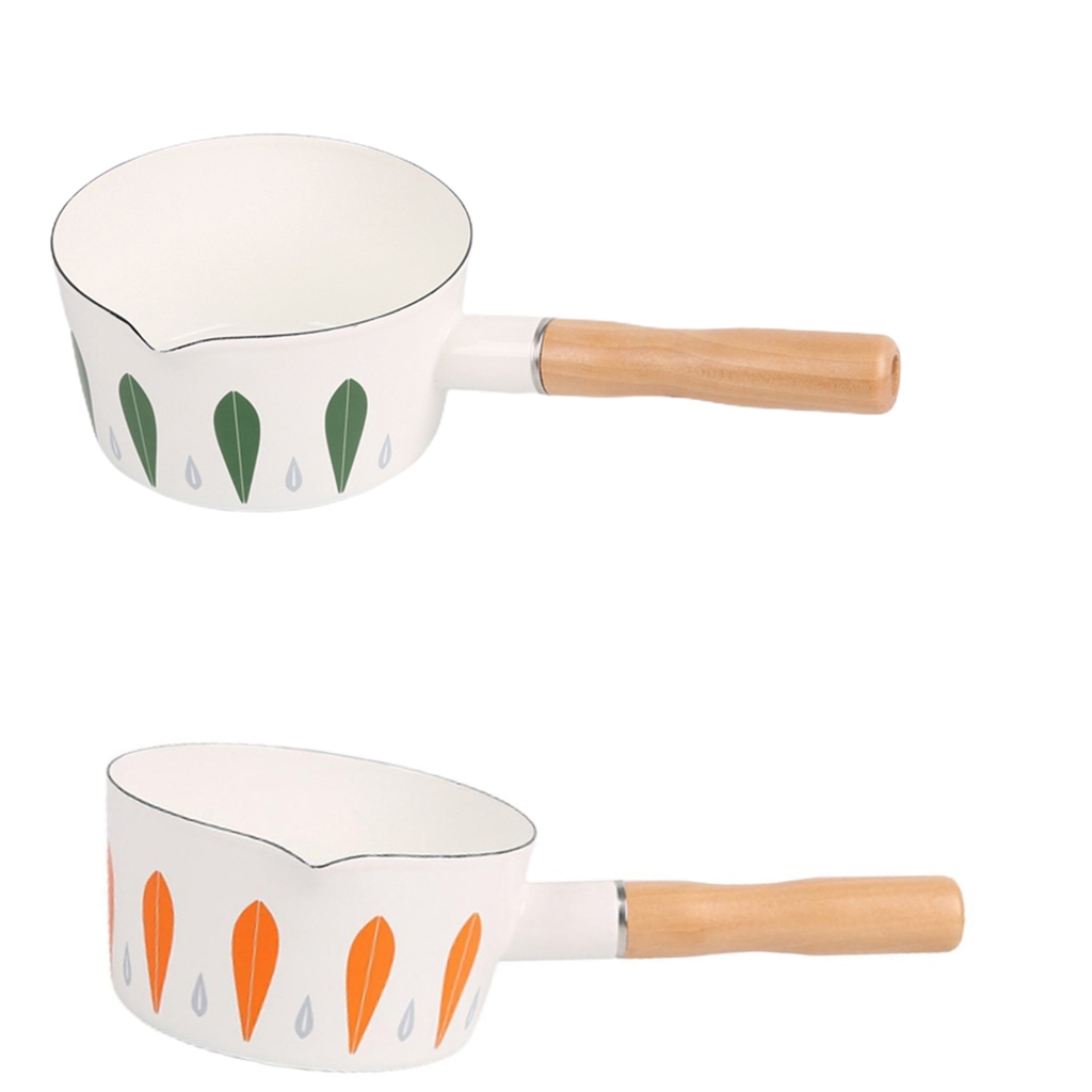 

2pcs Saucepan 1L Enamel Milk Pot with Wooden Handle Butter Warmer