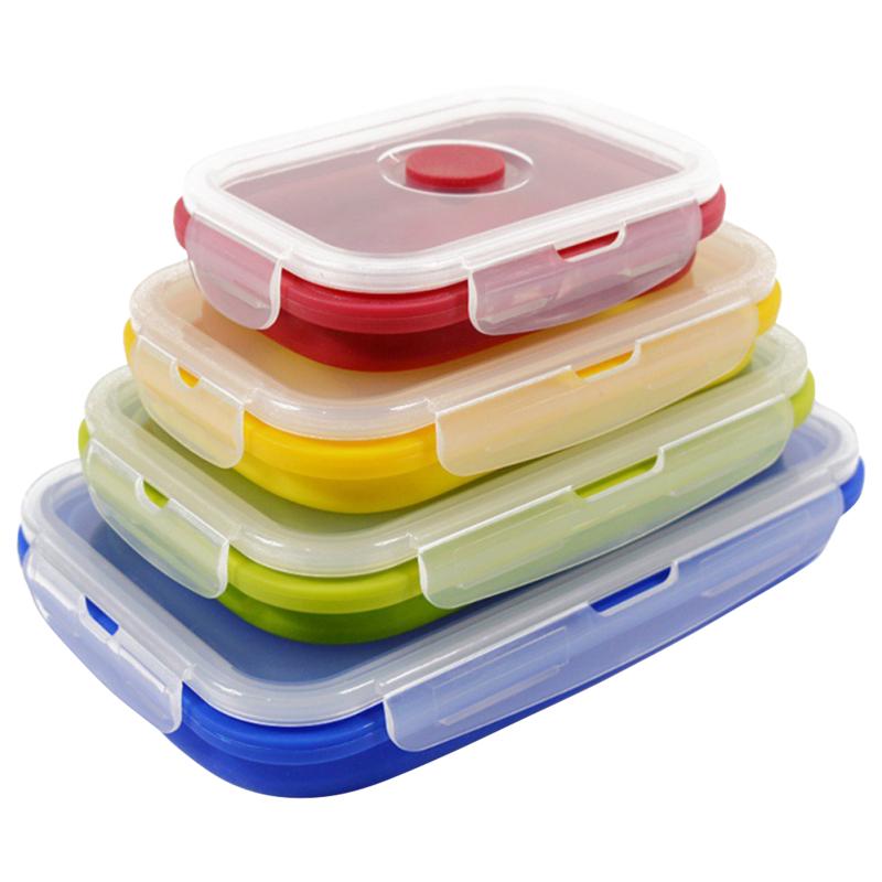 

4pcs Dishwasher Safe School Kitchen Sealing Collapsible Office Container Foldable Lunch Box Silicone Meal Case With Lid