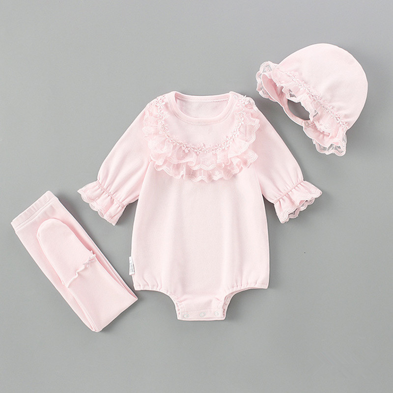 

2021 New Children Autumn Clothing Newborn Lace Baby Girls Clothes Infant Bodysuit+hat+tight 3pcs/set Jumpsuit Playsuit Outfit 0-2y Rr6f, Pink