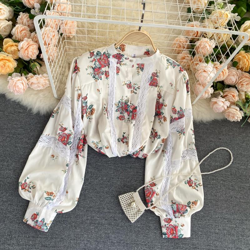 

Bohemian Floral Blouse For Women Elegant Round Neck Lace Patchwork Shirt Boho Chic Print Tops Female Autumn New Fashion 2020, Beige