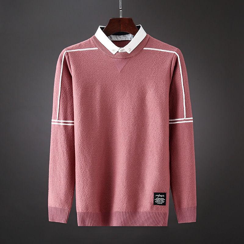 

2020 Autumn Winter False- Two - Piece Sweater Men 's Sweater Korean -Style Slim -Fit Base Shirt Shirt Collar Men 's Knitwear, Black