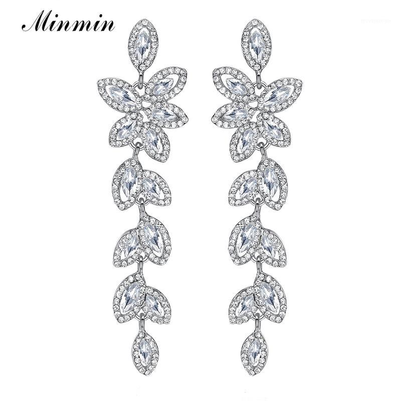 

Minmin Luxury Silver Color Crystal Long Earrings for Women Wedding Accessories Dangle Drop Leaves Earrings Brides Jewelry EH2821