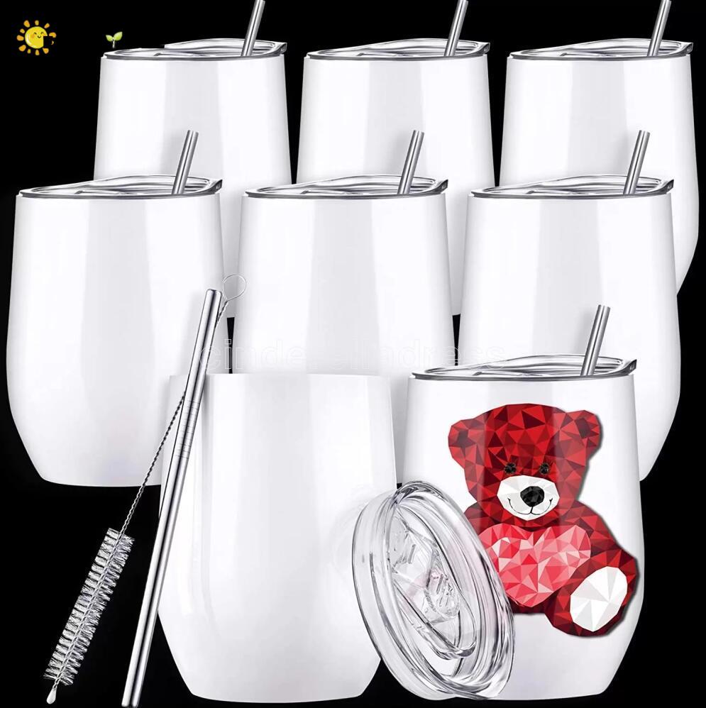 

12oz Sublimation Blank Wine Tumbler Cup Heat Transfer Double Wall Insulated Tumblers with Stainless Steel Straw Lid White FY4318 F0224