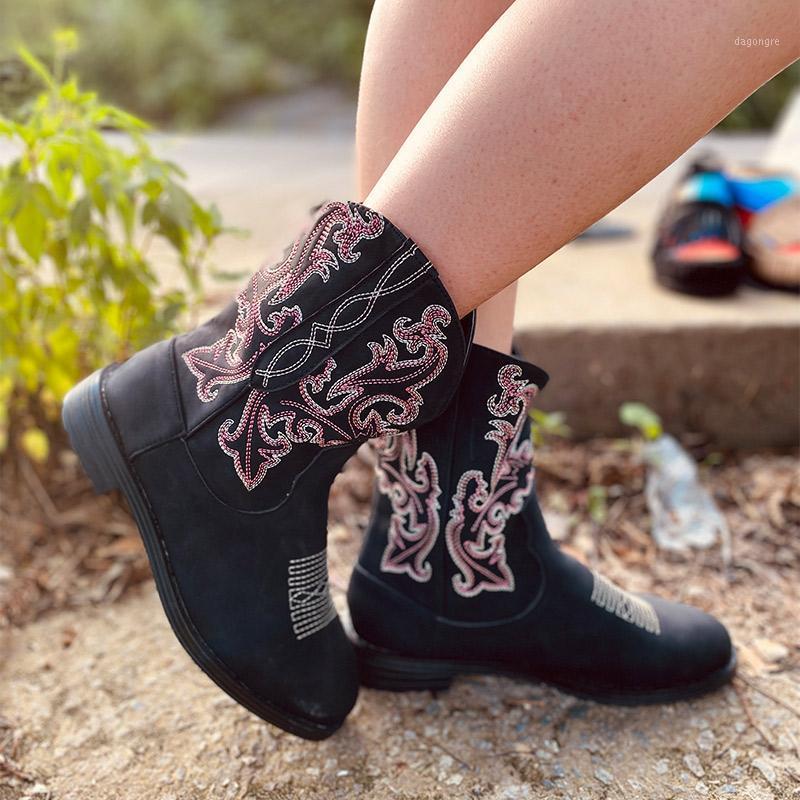 

Women Mid-Claf Boots PU Embroidery Slip-On Winter Women's Boots Low Heel Retro Ladies Shoes Female Plus Size 2020 New Hot Sale1, Black