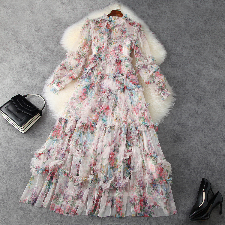 

2021 Spring Long Sleeve Round Neck Black Floral Print Tulle Panelled Long Maxi Dress Elegant Casual Dresses LJ2011806, Multi