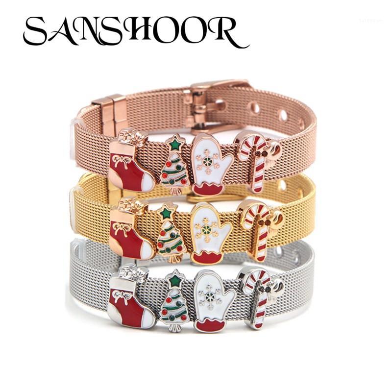 

SANSHOOR Christmas Bracelets Gifts 4 Lovely Charms Stainless Steel Bangle Set As Best DIY Women Girls Xmas Jewelry1