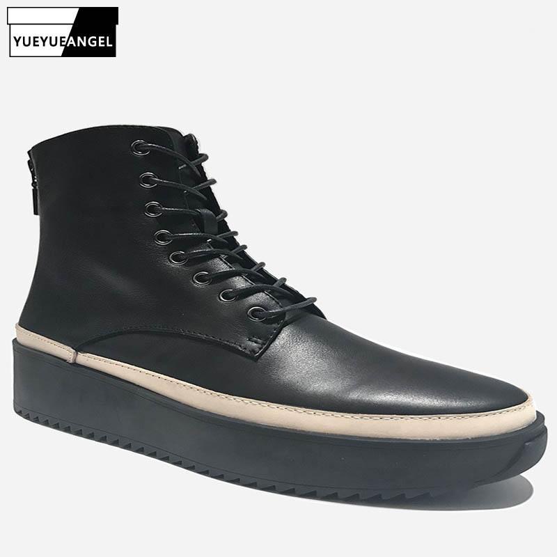 

High Top Thick Bottom Vintage Mens Cowhide Ankle Boots Autumn Winter New British Genuine Leather Round Toe Zip Platform Boots1, Black