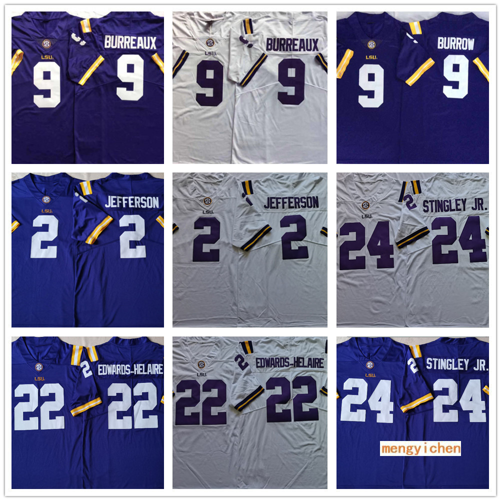 

LSU Tigers NCAA College 9 Joe Burrow Burreaux Jerseys 2 Justin Jefferson 22 Clyde Edwards-Helaire 24 Derek Stingley Jr. Football Stitched Men Women Kids Youth, Purple