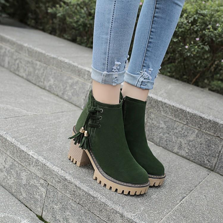 

Big Size Coarse heel side zipper fringed boots for wind round head waterproof platform in Europe and America1, Black