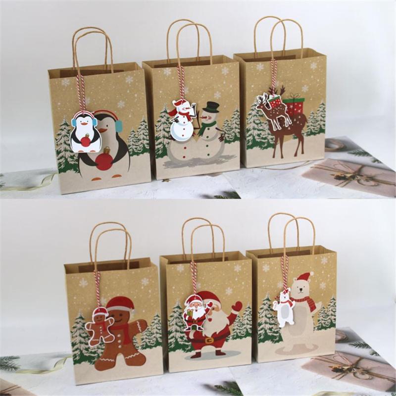 

24PCS Christmas Kraft Paper Bags Candy Bar Sweet Candy Cookie Packaging Box With Tag Ribbon New Year 2020