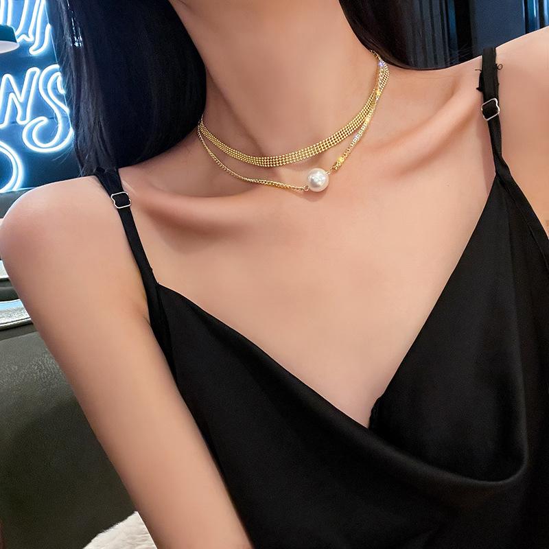 

TIMEONLY Double Layering Big Imitation Pearl Bling Rhinestones Necklaces Wide Hollow Choker Necklace for Women Girls Jewelry