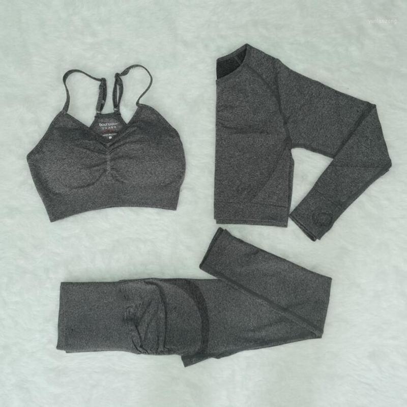 

2021 3pcs Women Seamless yoga set Fitness Sports Suits GYM Cloth Yoga Long Sleeve Shirts High Waist Leggings Workout clothing1, Blue