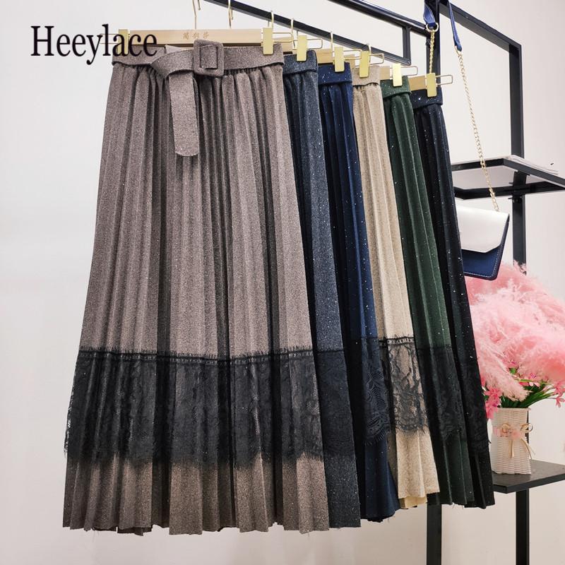 

women autumn winter Woolen maxi skirt with belt office ladies lace patchwork pleated skirt slimming A- line long, Black