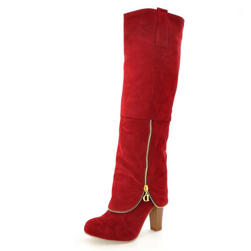 

Flock Winter Knee High Boots Women Shoes Plus Size 34-43 High Heels Long Boots Fashion Zipper Style Botas Femininas XKD20991, Red autumn