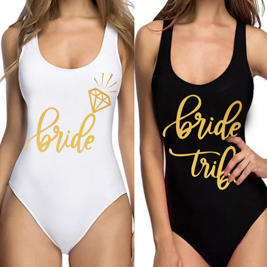 

Bridal Party One Piece Swimsuit BRIDE Tribe Front&Back Both Print Bathing Suit Bodysuit Swimwear Maillot De Bain Beachwear Y200319, Bride squad green