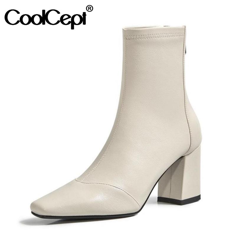 

CoolCept Women Ankle Boots Fashion Zipper Thick High Heel Winter Shoes Woman Casual Daily Office Lady Short Boot Size 34-39, Beige
