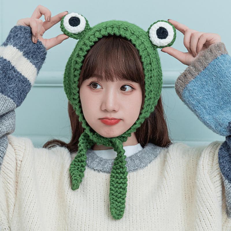 

Cartoon Bear Cute Frog Hat Cosplay Wool Cap Girl Autumn Winter Knitted Hat, Yellow